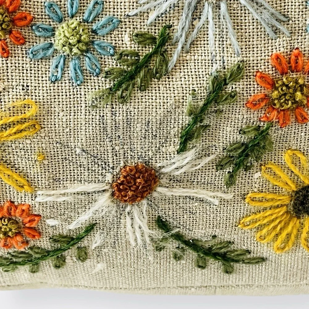 Vintage Crewel Floral Embroidery Bag Gold‎ Frame Needlepoint Off White Clutch - Picture 5 of 12